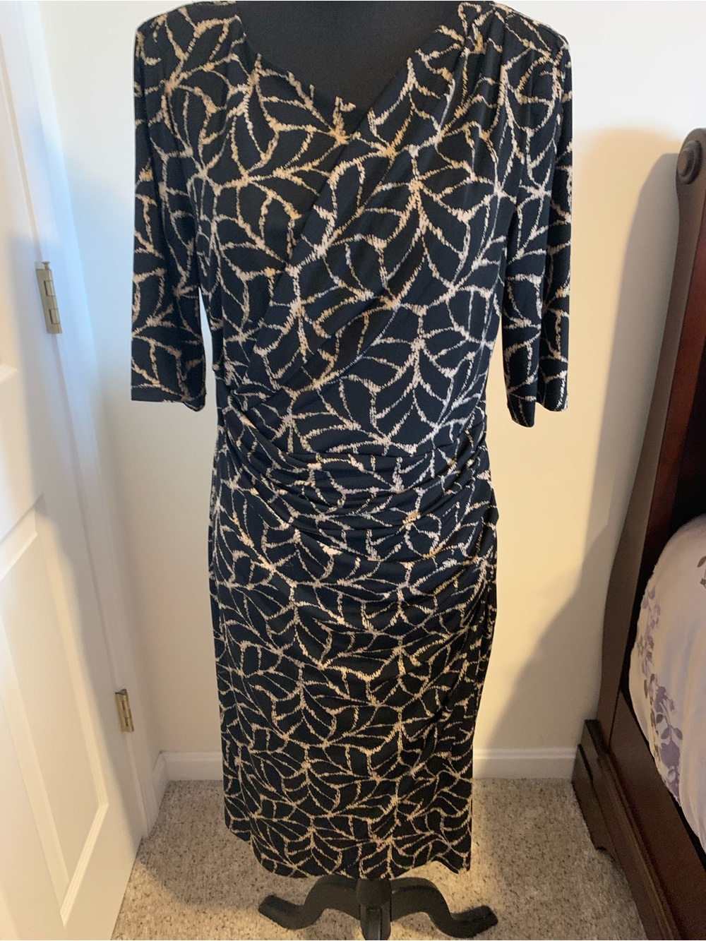 connected apparel Black Dress with Cream Abstract Leaf Print